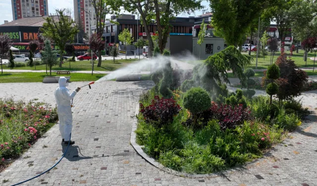 Konya'da yeşil alanları ilaçlamaya devam